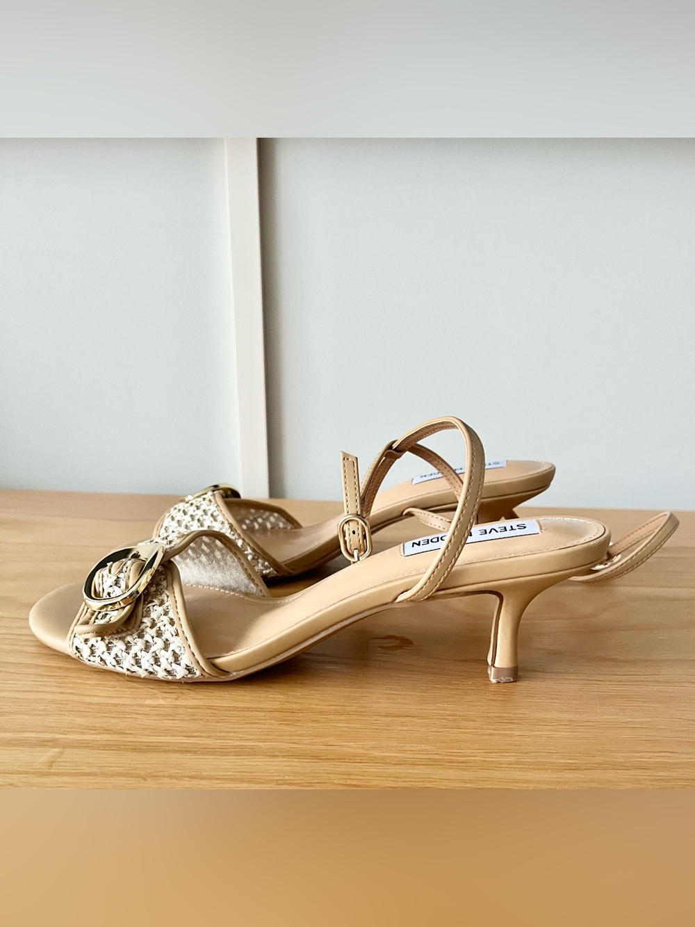 Steve Madden Beige Woven Slingback Kitten Heels with Gold Buckle